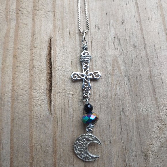 Occult upside down cross with moon Necklace - Picture 1 of 3